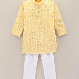 Dapper Dudes Full Sleeves Floral Embroidered & Sequins Embellished Kurta & Pyjama Set - Yellow-picture-44