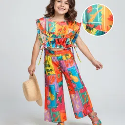 OLLINGTON ST. Georgette Tropical Theme Printed Frill Sleeves Top & Pants Set - Multicolor image 1