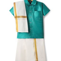 Dapper Dudes Half Sleeves Textured Shirt With Mundu & Geometric Foil Printed Angavastram Set - Bottle Green-picture-18