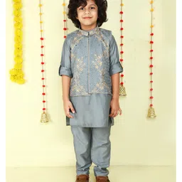 Ministitch Woven Full Sleeves Solid Kurta Pyjama With Floral Gold Zari Embroidered Jacket Set - Grey-picture-11