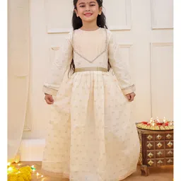 KID1 Cotton Woven Full Sleeves Polka Dots Foil Printed & Gota Lace Embellished Gown - Off White-picture-12