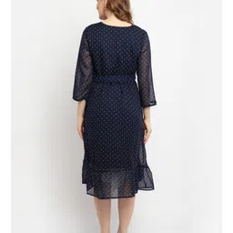 Moms Maternity Georgette Three Fourth Sleeves Polka Dots Printed Maternity Dress With Nursing Access - Navy Blue image 3