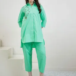 Athena Women Embroidered Angrakha Gotta Patti Pure Cotton Kurta with Trousers-image-88