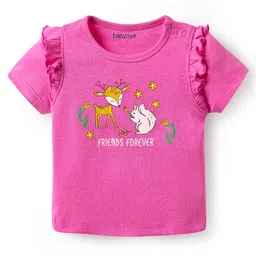 Babyoye 100% Cotton Interlock Knit Half Sleeves Inner Tee & Dungaree Set with Eco- Jiva Finish & Animal Print - Light Green & Pink image 3