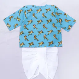 BownBee Pure Cotton Full Sleeves Birds Printed Kurta & Dhoti Set - Blue image 4