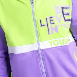 Ollington St. 100% Cotton Knit Full Sleeves Sweatjacket With Front Zipper & Joggers Set Text Print - Neon Green & Blue image 4