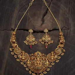 Kushal's Fashion Jewellery Ruby-Green Gold-Plated Stone Studded & Beaded Antique Necklace-picture-24