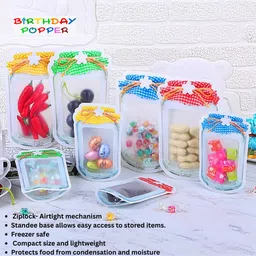 Birthday Popper Yellow Colour Mason Jar Zip-Lock Pouch | Pack of 10; Medium | Reusable, Leak-Proof Stand-Up Food Storage Bag | Airtight Seal Ziplock Pouches as Birthday Return Gifts image 5