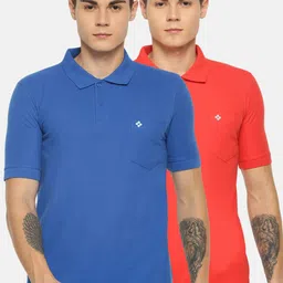 Dollar Men Pack Of 2 Coral Pink & Blue Solid Polo Collar Cotton T-shirts image 1