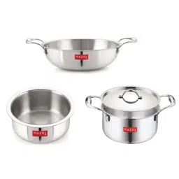 HAZEL Silver Stainless Steel Induction Bottom Cookware Set (1 Casserole with Lid, 1 Kadai & 1 Tope)-picture-29