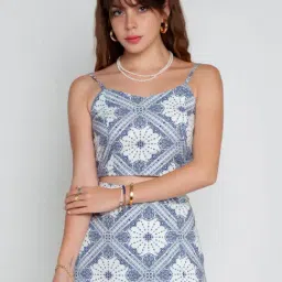 Zink London White & Blue Printed A-Line Crop Top-picture-24