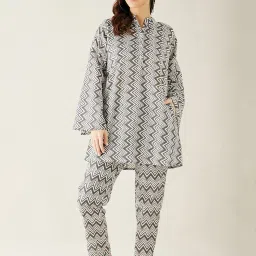 The Kaftan Company White & Grey Printed Kurta With Pyjamas image 1