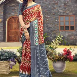 Satrani Rust & Grey Cotton Printed Saree With Unstitched Blouse-image-48