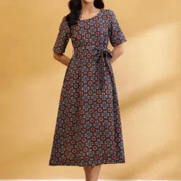Fabindia Blue Printed Three-Quarter Sleeves Dress-picture-16