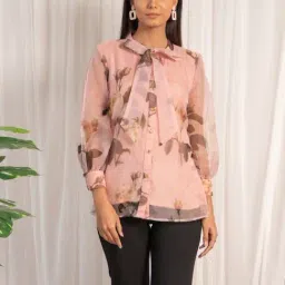 Label Kanupriya Peach Floral Tie-up Organza Shirt-image-28