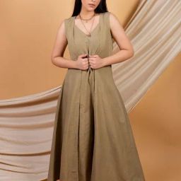 Priya Chaudhary Olive Green Umber Solid Jumpsuit In Cotton Linen Fabric and a Sleeveless Over Wear-picture-25