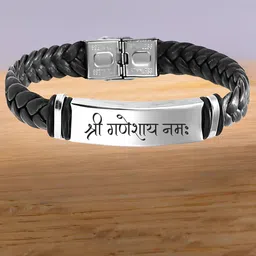 M Men Style Men Silver-Plated Shri Ganeshay Namah Braided Leather Cuff Bracelet-picture-53