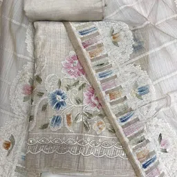 D tales Floral Embroidered Thread Work Linen Unstitched Dress Material-image-89