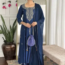 DIVASTRI Women Ethnic Motifs Embroidered Thread Work Kurta with Palazzos & With Dupatta-image-38