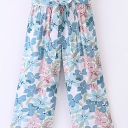 CrayonFlakes Water Colour Effect Floral Printed Belted Palazzo - Off White & Blue-picture-14