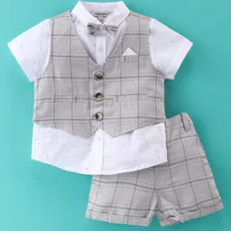 ToffyHouse Cotton Woven Half Sleeves Shirt with Checks Waistcoat & Shorts Set - Grey-image-17