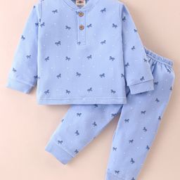 Zero Interlock Knit Full Sleeves Night Suit with Horse Print - Sky Blue-picture-5