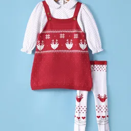 ToffyHouse 100% Cotton Knit Full Sleeves Winter Wear Polka Dots Printed Peter Pan Collared Top with Deer Designed Sweater Dress & Stockings - Red-picture-12