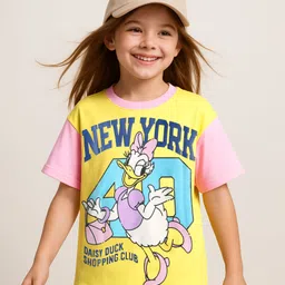 Pine Kids Disney Single Jersey Knit Half Drop Shoulder Sleeves Oversized T-Shirt with Daisy Duck Graphics - Yellow-picture-39