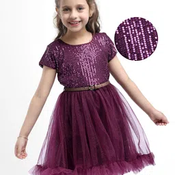 Hola Bonita Knit Half Sleeves Party Dress With Sequin Detailing & Belt - Wine-picture-28