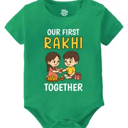 Baby Buzz 100% Cotton Knit Raksha Bandhan Theme Half Sleeves Our First Rakhi Together Text Printed Onesie - Green-picture-22