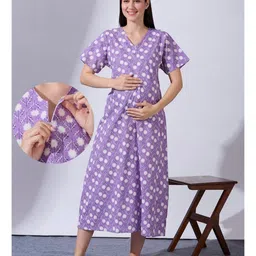 Blush 9 Cotton Woven Half Sleeves Floral Printed Maternity Nighty With Front Zipper Access - Purple-image-39