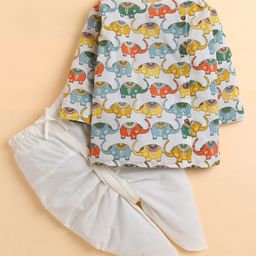 Polka Tots Cotton Woven Full Sleeves Elephants Printed Kurta With Dhoti Set - Multi Colour-picture-43