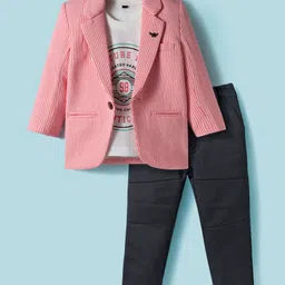 Dapper Dudes Full Sleeves Striped Blazer With Tee & Pant Set - Peach-picture-35