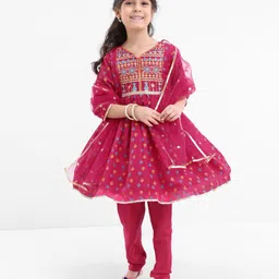 Babyhug Three Fourth Sleeves Printed Kurti With Pant & Net Sequenced Net Dupatta- Red image 2