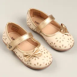 Babyoye Velcro Closure Ballerina with Bow Applique - Off white & Golden image 2