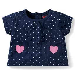Babyhug Cotton Knit Half Sleeves Night Suit with Utility Pockets & Bow Applique Heart & Polka Dots Print - Navy Blue & Pink image 2