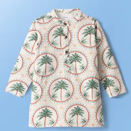 Babyoye Cotton Woven Full Sleeves Kurta Pyjama Set With Tree Print - White image 2