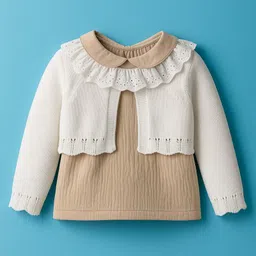 ToffyHouse Cotton Woven Full Sleeves Top & Skirt With Frill Detailing & Detachable Collar - Beige & Cream image 2