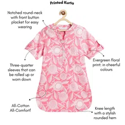 Campana 100% Cotton Woven Three Fourth Sleeves Floral Printed Kurta - Pink & White image 3