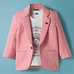 Dapper Dudes Full Sleeves Striped Blazer With Tee & Pant Set - Peach image 2