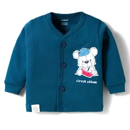 CUCUMBER Sinker Knit Full Sleeves Front Open Winter Wear T-Shirt & Joggers Set With Teddy Print - Navy Blue image 2