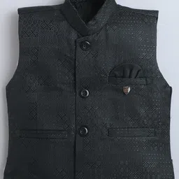 Fourfolds Woven Full Sleeves Geometric Embroidered 3 Piece Party Suit Set - Black image 3