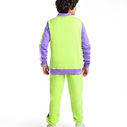Ollington St. 100% Cotton Knit Full Sleeves Sweatjacket With Front Zipper & Joggers Set Text Print - Neon Green & Blue image 3