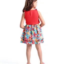 Babyhug Single Jersey Knit Sleeveless Floral Printed Top & Skirt Set with Text Embroidery - Red image 3