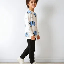 Anthrilo Fleece Knit Full Sleeves Elephants Printed Winter Sweatshirt With Joggers Set - White & Black image 4