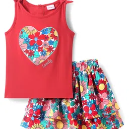 Babyhug Single Jersey Knit Sleeveless Floral Printed Top & Skirt Set with Text Embroidery - Red image 4