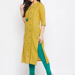 WineRed Women Mustard Floral Embroidered Thread Work Kurta image 4