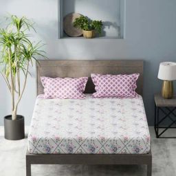 Bianca Denim Feel White & Violet Fabric 192 TC 150 GSM King Size Bedsheet With 2 Pillow Covers-picture-1