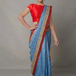 Unnati Silks Blue Cotton Printed Saree With Unstitched Blouse image 1