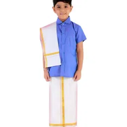 VASTRAMAY Kids Turquoise & White Shirt Mundu Set-picture-13